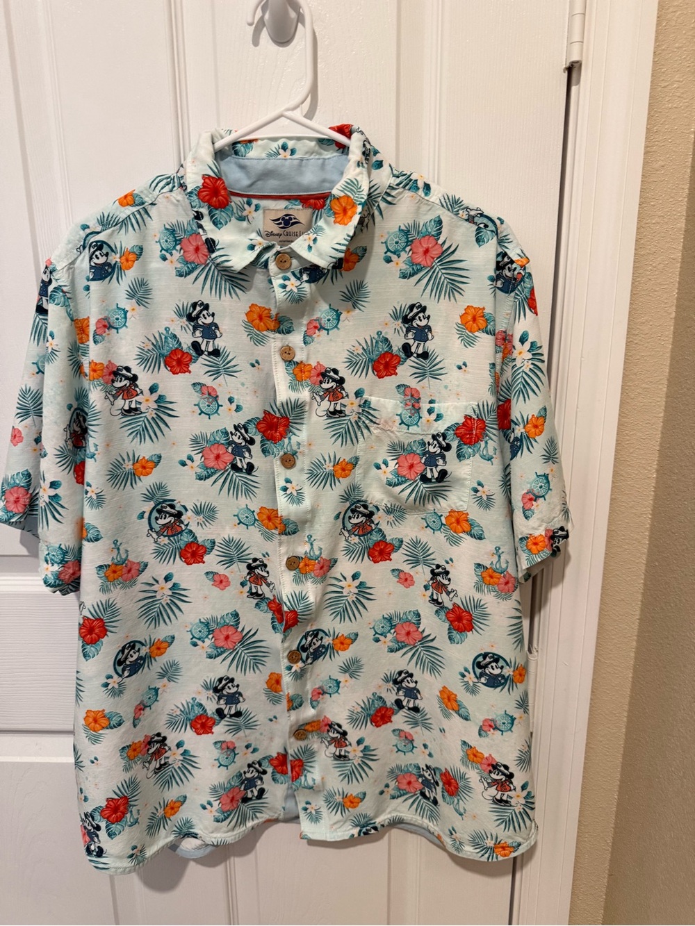 Disney Men's Light Aqua Hawaiian Button-Down Shirt with Floral & Mickey Print